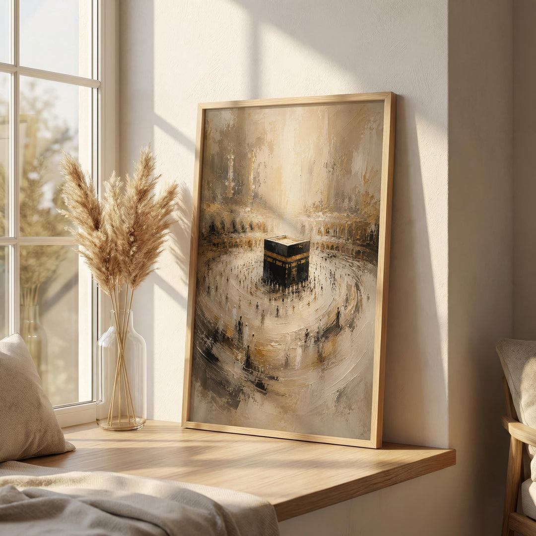 Close-up of Kaaba-inspired abstract Islamic art print on archival paper