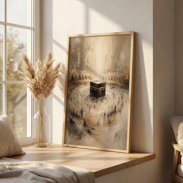 Close-up of Kaaba-inspired abstract Islamic art print on archival paper