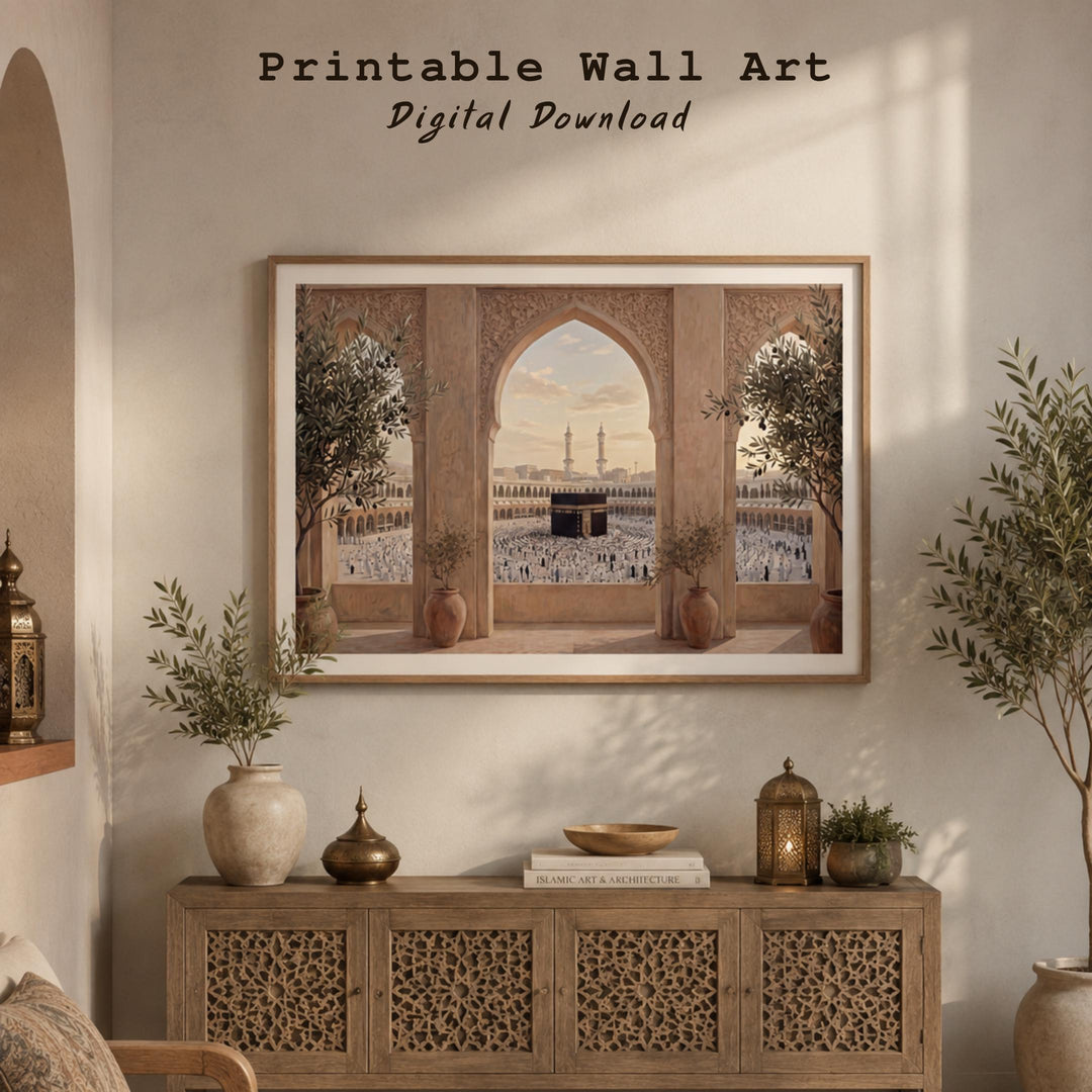 Abstract Islamic design elements with Kaaba arch in calm palette
