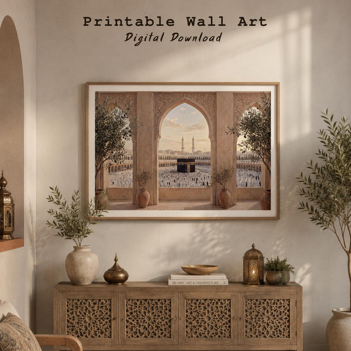 Abstract Islamic design elements with Kaaba arch in calm palette