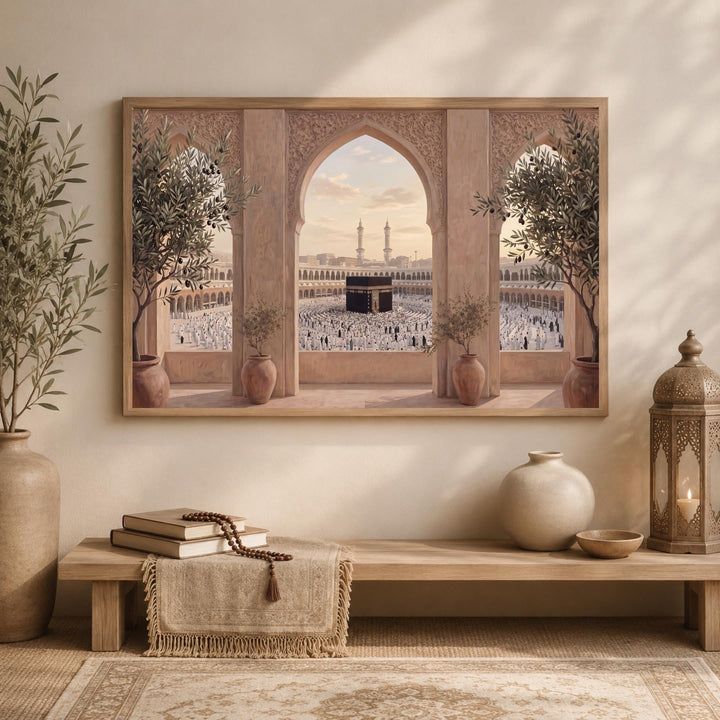 Neutral-toned Kaaba arch wall art in living room setting, framed