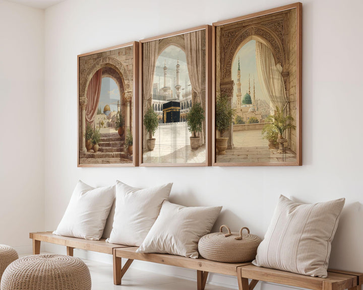Dome of the Rock arch print in warm tones, part of a three-piece Islamic wall art set