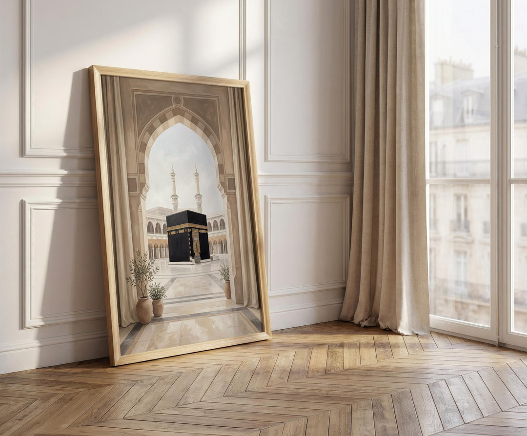 Neutral-toned Islamic wall art showcasing Mecca landmarks
