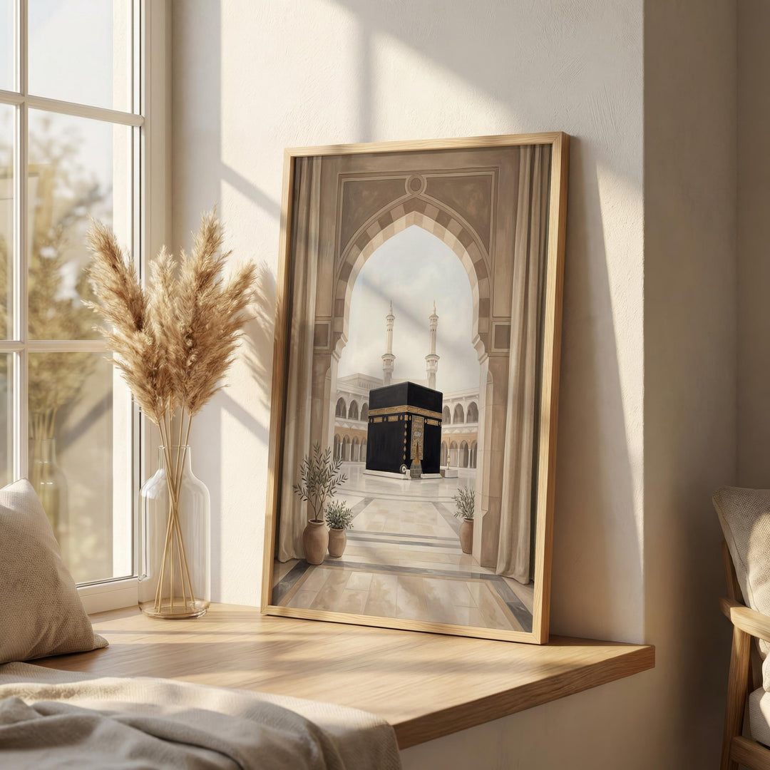 Abstract Islamic art featuring Masjid al Haram in soft beige
