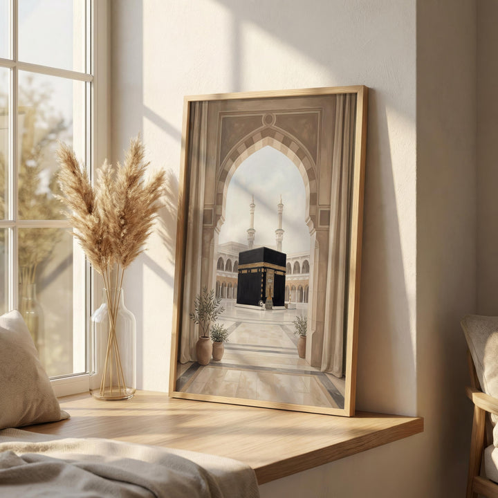 Abstract Islamic art featuring Masjid al Haram in soft beige