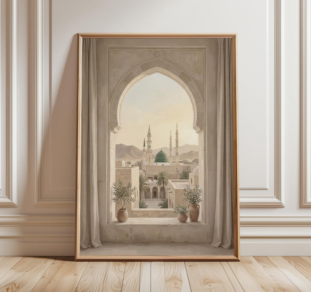Medina wall art print featuring Green Dome and Al Masjid An Nabawi in neutral tones