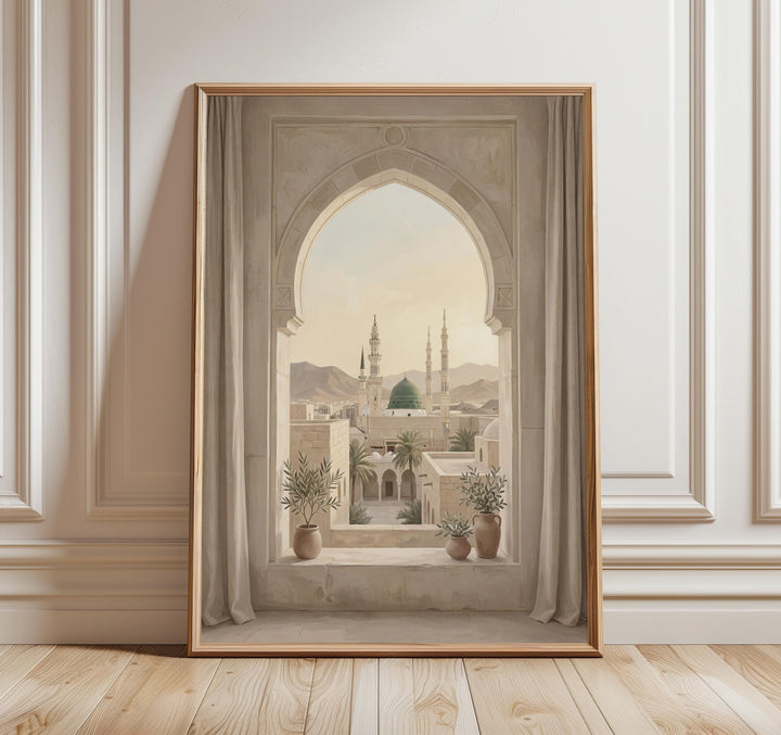 Medina wall art print featuring Green Dome and Al Masjid An Nabawi in neutral tones