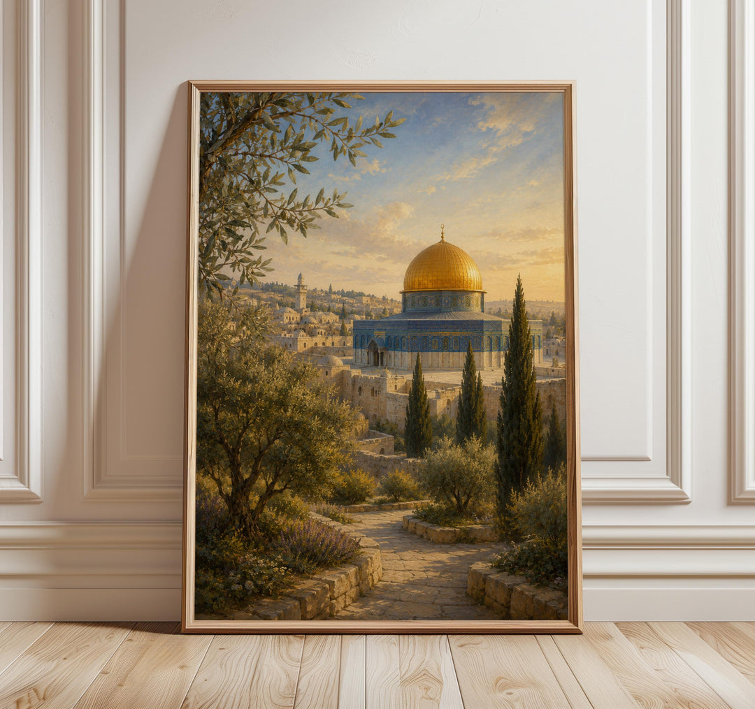 Al Aqsa Golden Dome wall art with ornate Islamic arch in warm gold tones