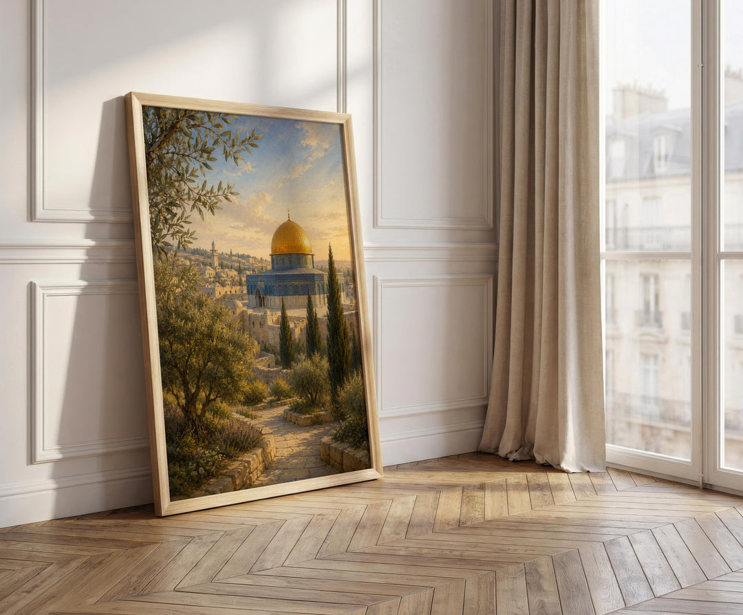 Elegant Islamic painting featuring sacred site textures and rich colors