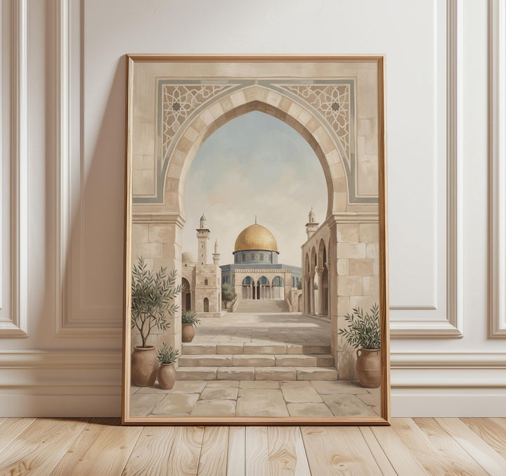 Al Aqsa Mosque Islamic arch wall art in neutral tones, ready to frame