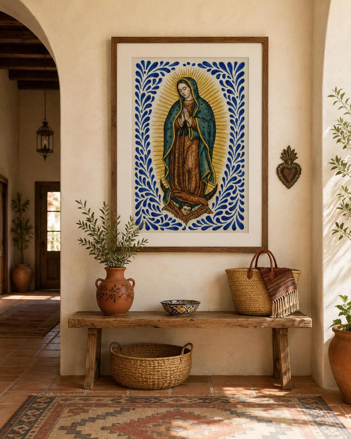 close-up Virgen de Guadalupe figure in Talavera style with floral accents