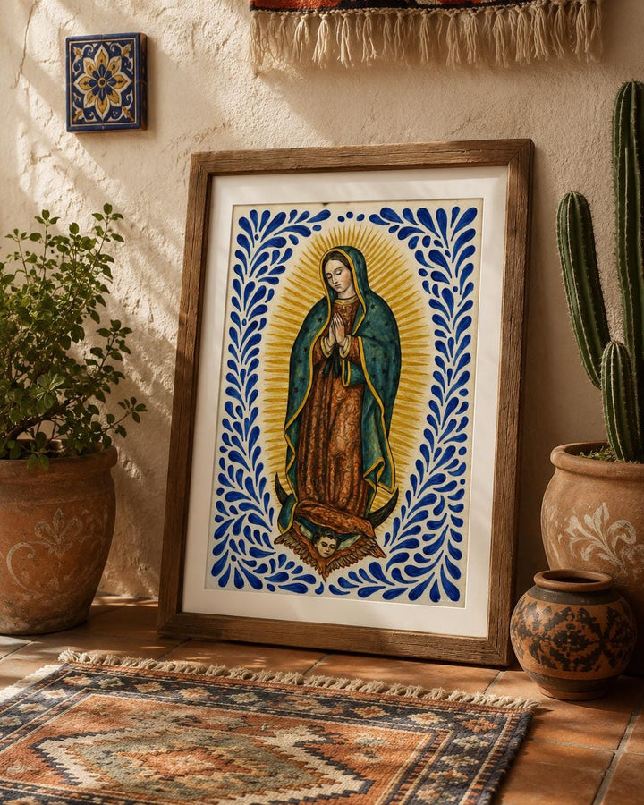 talavera Virgen de Guadalupe wall art with vibrant blue and gold glaze