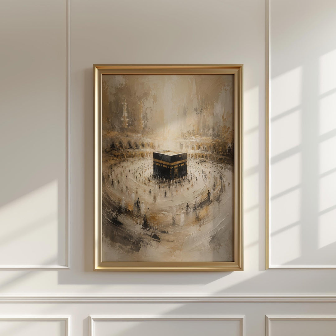 Soft-toned Mecca geometry wall art for modern Muslim home decor