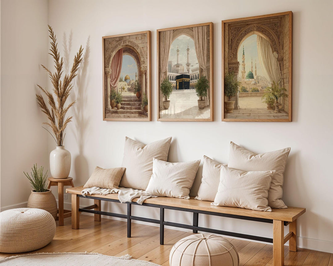 Kaaba arch print with subtle gold accents for an elegant Islamic home decor