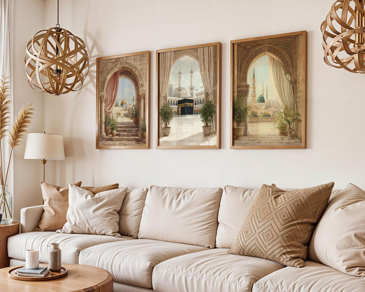 Al-Masjid an-Nabawi arch print in calming blue hues for a cohesive wall trio