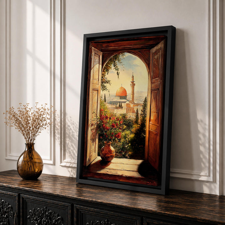 Angle shot highlighting the Jerusalem window view scene on a framed Islamic art canvas