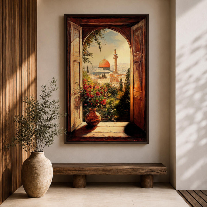 Soft lighting emphasizes the frame and vibrancy of Masjid Al-Aqsa wall art