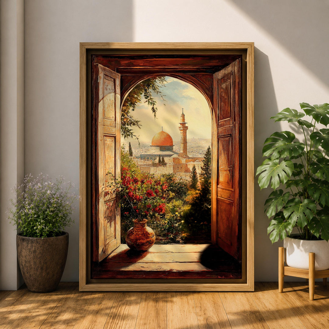 Lifestyle setting: framed Islamic art hanging in a contemporary living room