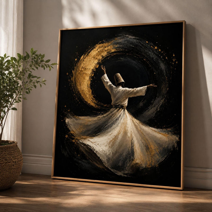 sufi whirling dervish abstract wall art with circular motif in muted tones