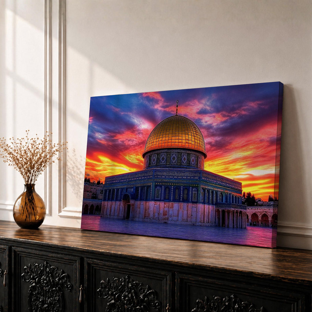 Dome of the Rock sunset skyline framed canvas wall art close-up