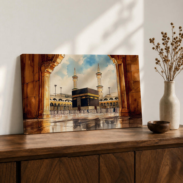 kaaba arch view framed canvas wall art with watercolor tones
