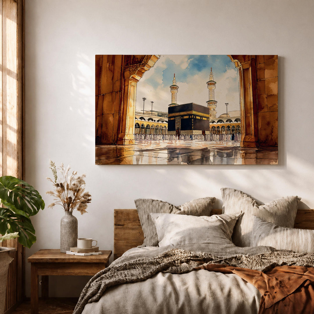 watercolor-inspired kaaba arch view on premium framed canvas