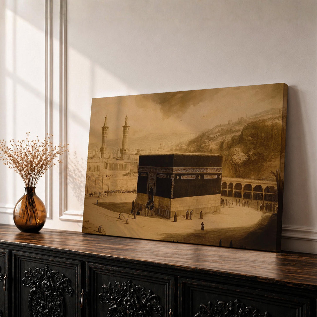 Framed Kaaba pilgrims canvas wall art on neutral wall