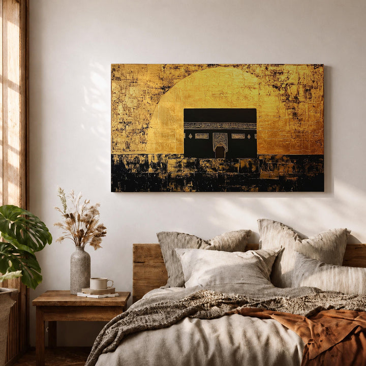 Sacred Islamic wall decor with Kaaba silhouette on canvas frame