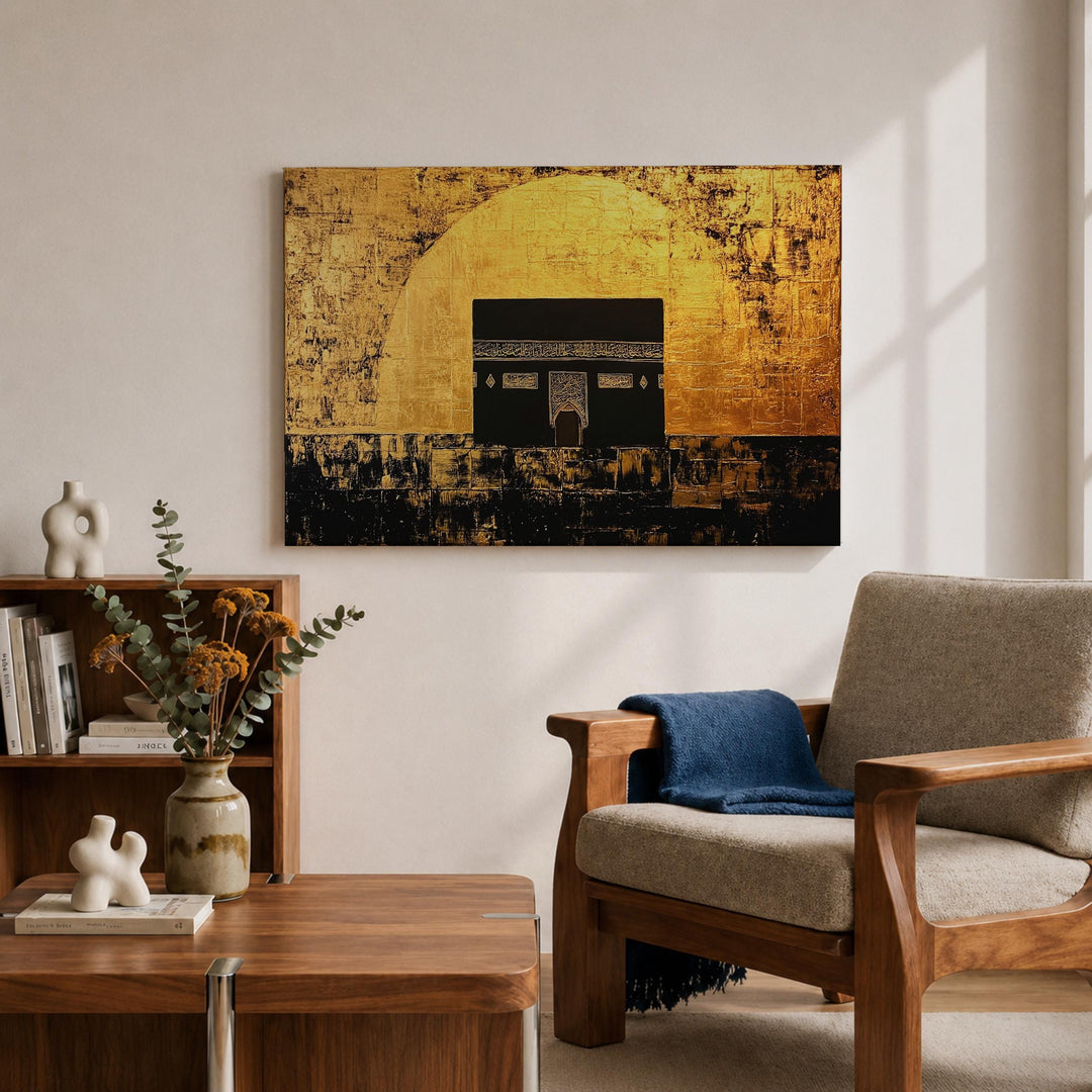 Prayer room decor featuring Kaaba wall art in modern frame