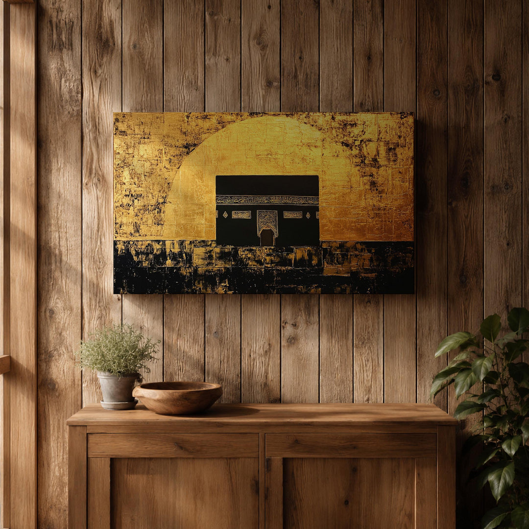 Framed Kaaba wall art with gold accents for elegant display
