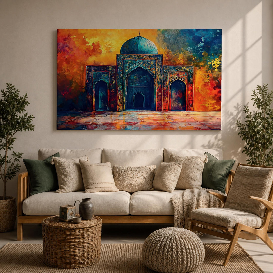 Close-up detail of Islamic arch design on mosque wall decor