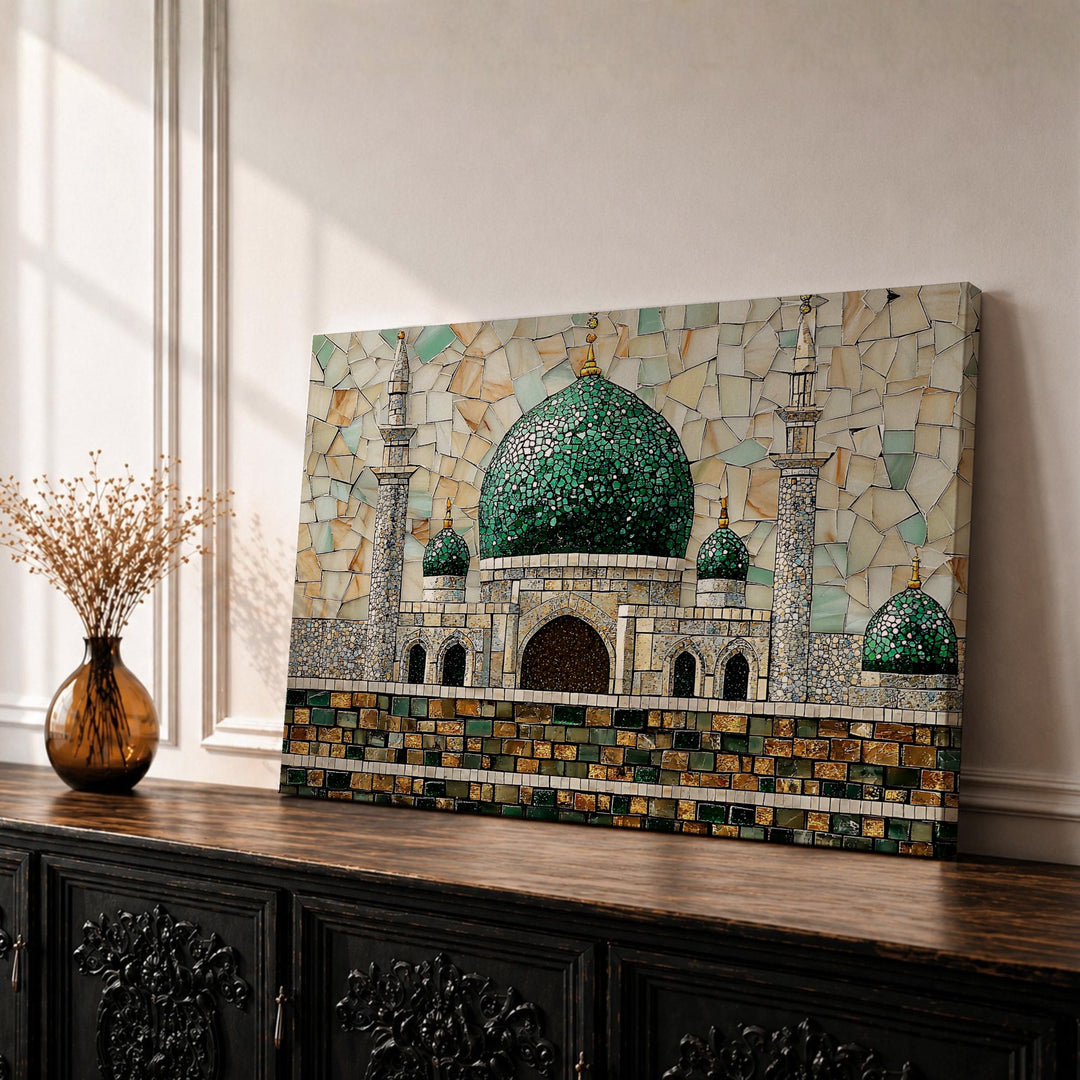 Masjid Al Nabawi framed canvas wall art with Green Dome mosaic detail