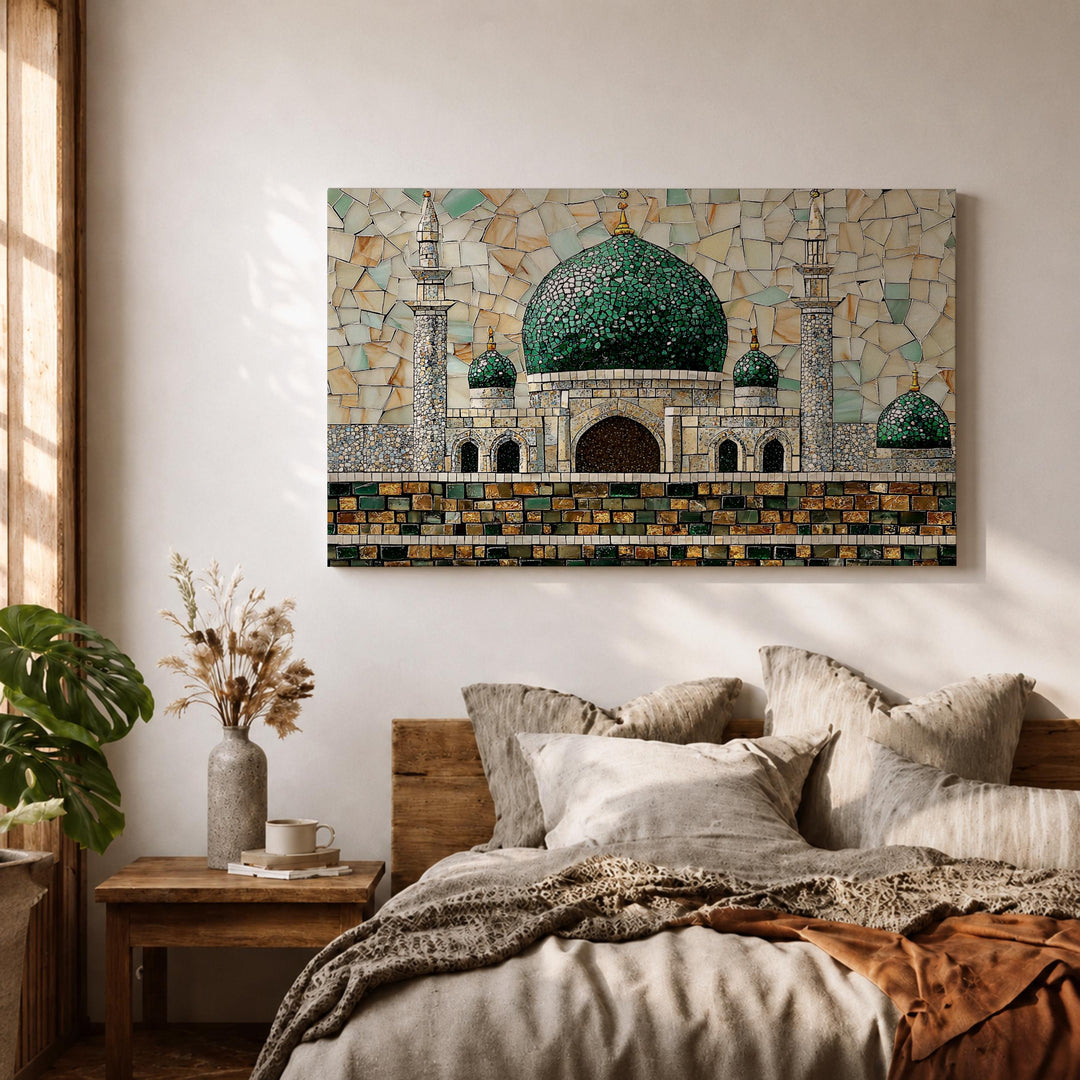 Close-up of mosque mosaic tiles on a wooden framed canvas