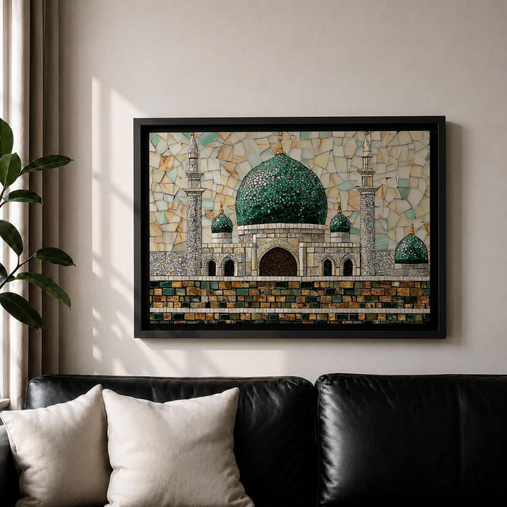 Elegant Islamic wall art featuring Green Dome mosaic on frame