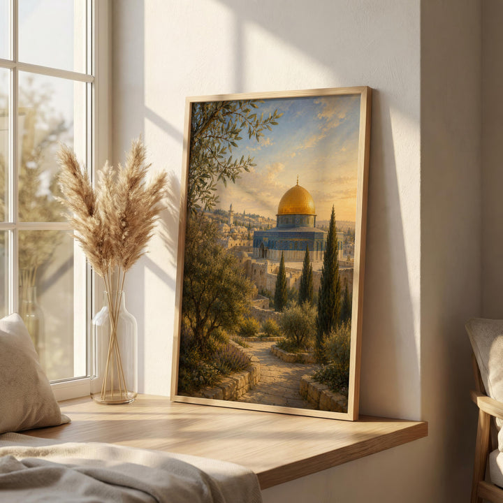 Close-up of golden dome motif and calligraphic accents on premium wall print