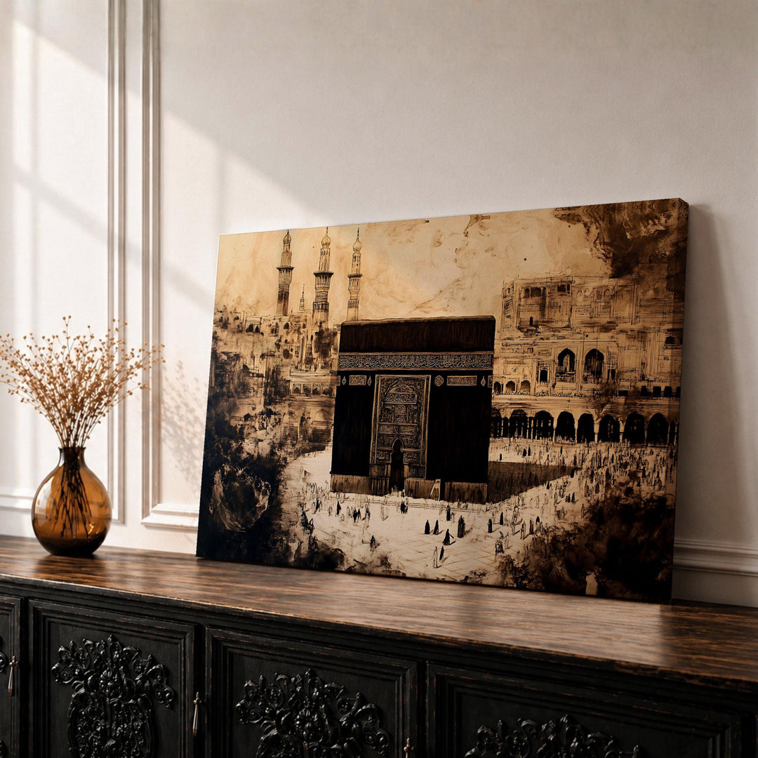 kaaba wall art framed canvas with warm vintage tones