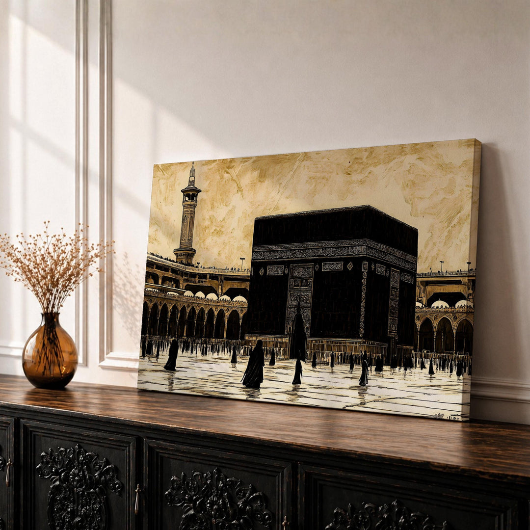 Framed Kaaba wall art featuring Masjid Al Haram in vintage Islamic style