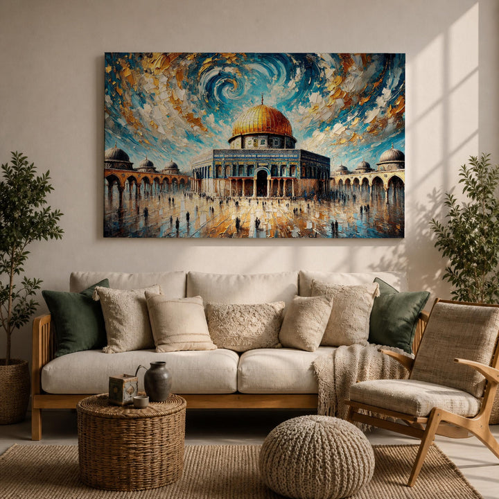 Abstract Islamic art on Temple Mount framed canvas in deep tones