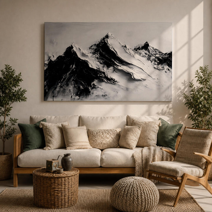 Close-up of textured canvas showing snowy peaks and dark framing