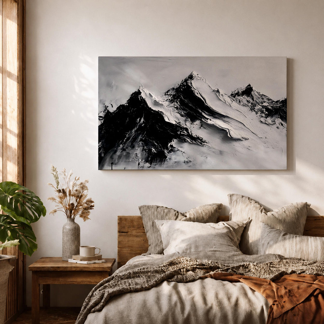 Side view of black framed mountain canvas highlighting depth