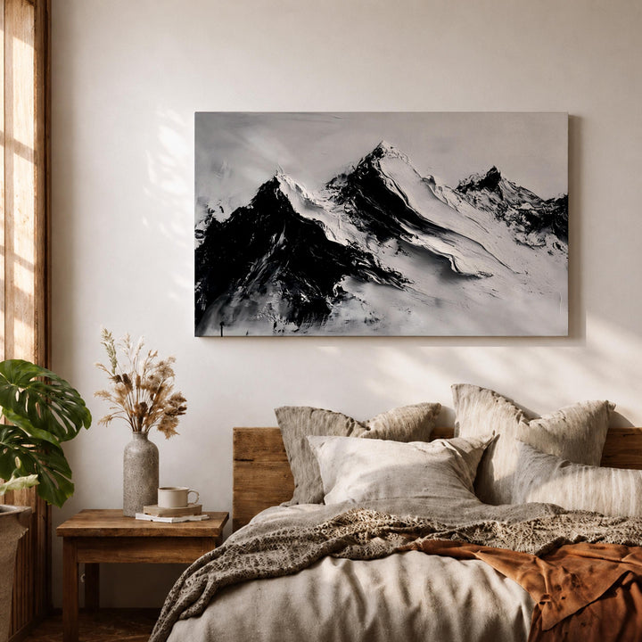 Side view of black framed mountain canvas highlighting depth