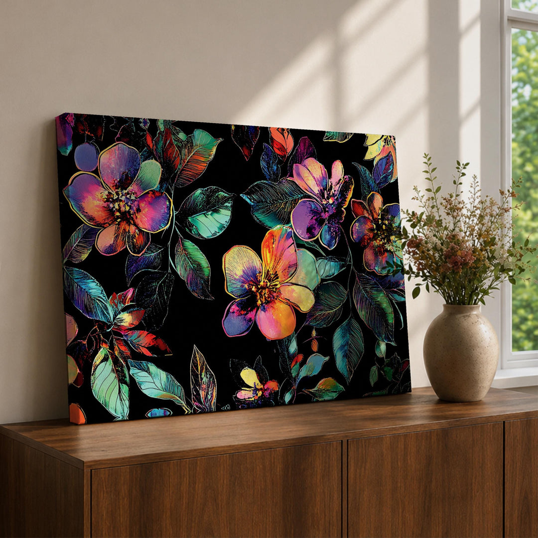 Framed floral wall art with neon botanical blossoms on watercolor canvas