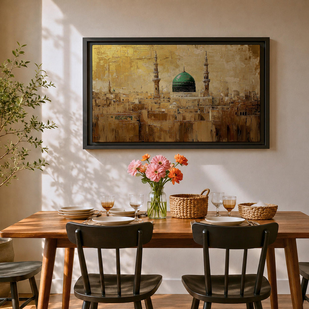 Framed wall art featuring vibrant green dome and Medina skyline