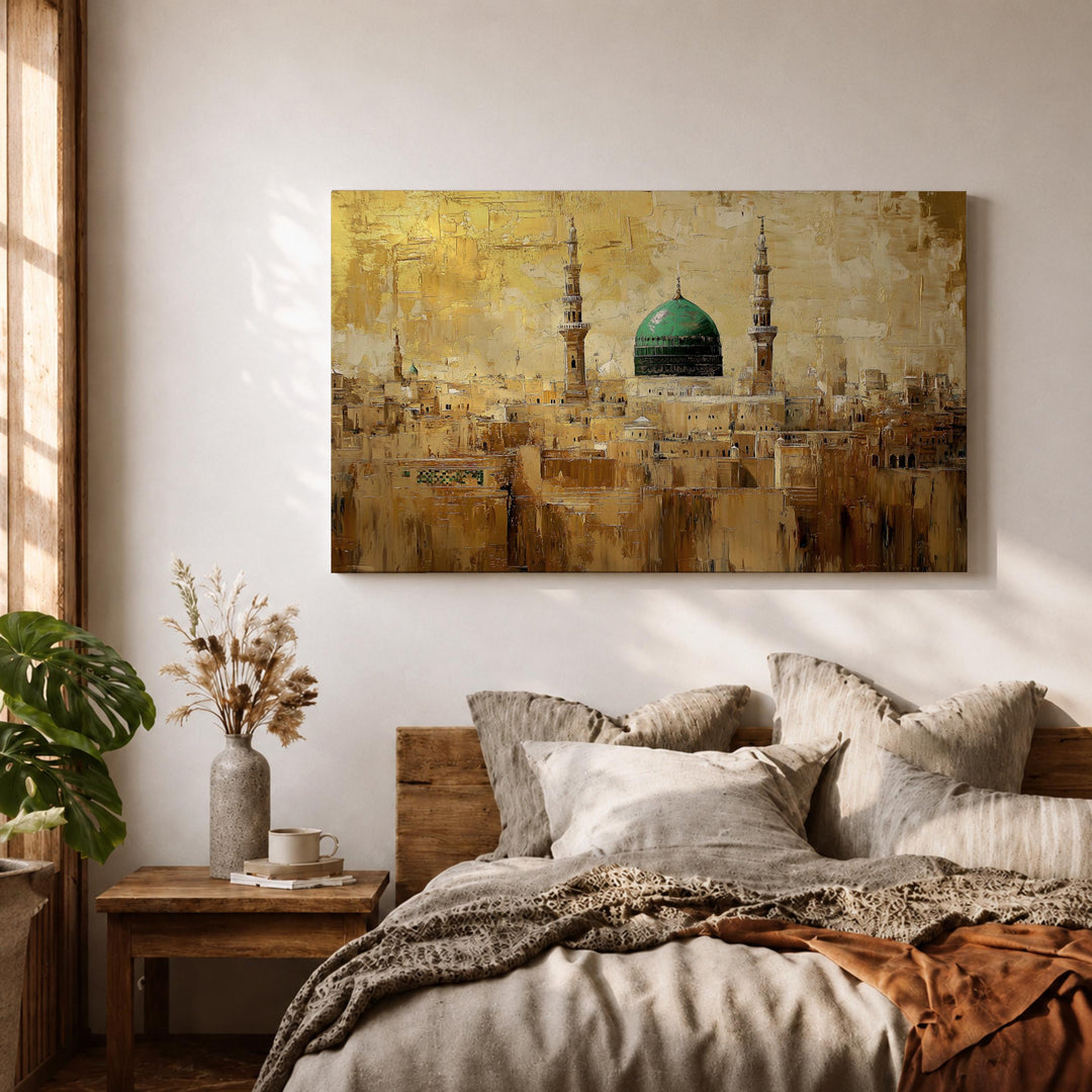 Close-up of canvas texture with emerald dome in Masjid Nabawi artwork