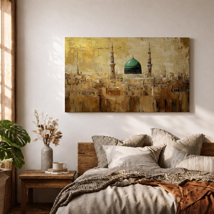 Close-up of canvas texture with emerald dome in Masjid Nabawi artwork