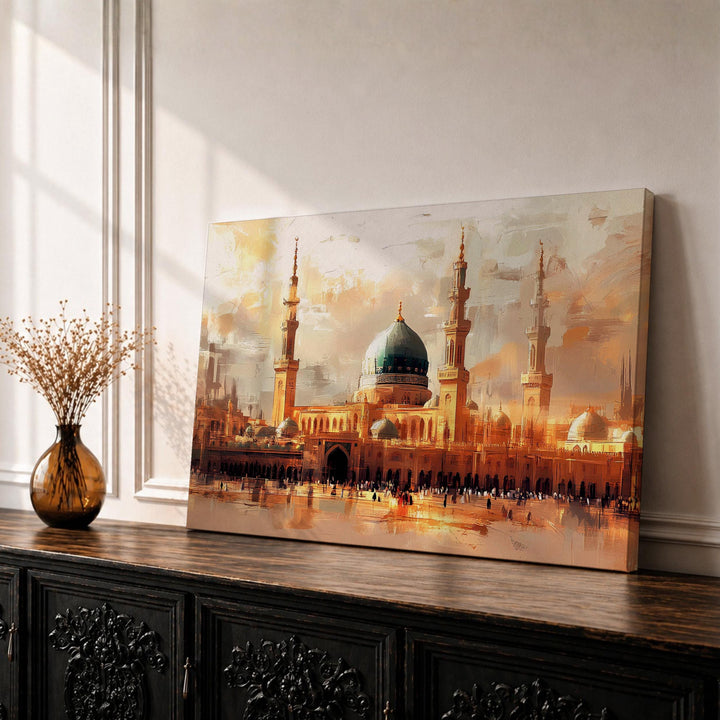 Masjid Nabawi green dome framed canvas wall art on display with ornate wooden frame