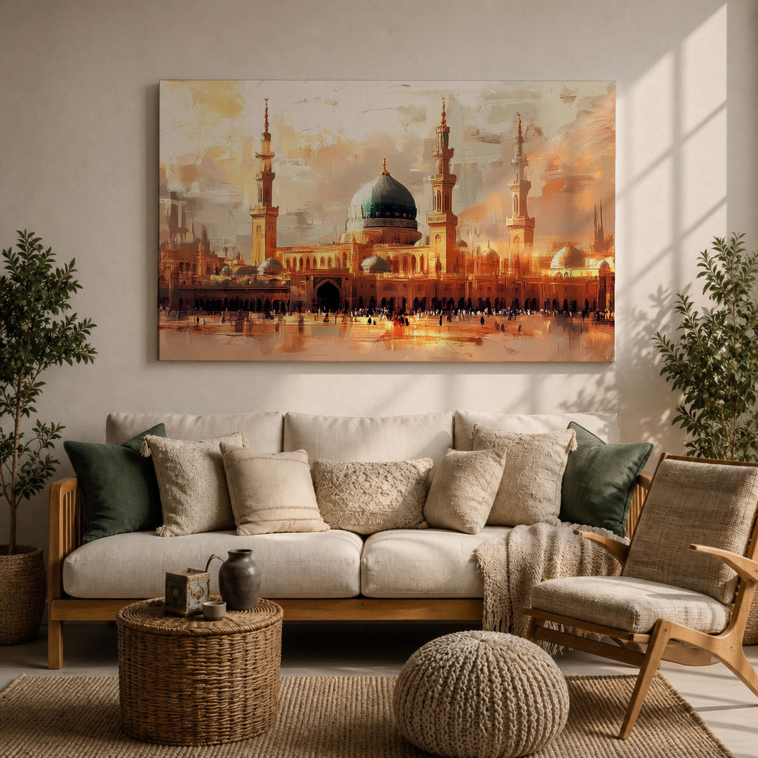 Close-up of Masjid Nabawi green dome framed canvas showing vibrant mosque motif