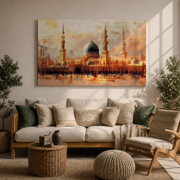 Close-up of Masjid Nabawi green dome framed canvas showing vibrant mosque motif