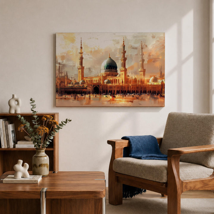 Islamic wall decor Masjid Nabawi framed canvas with rich green tones