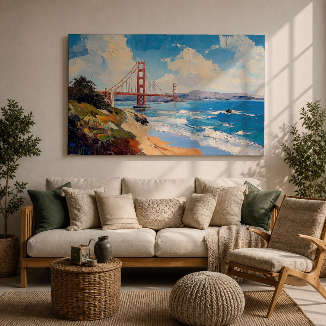 Close-up of framed canvas showing texture of Golden Gate Bridge